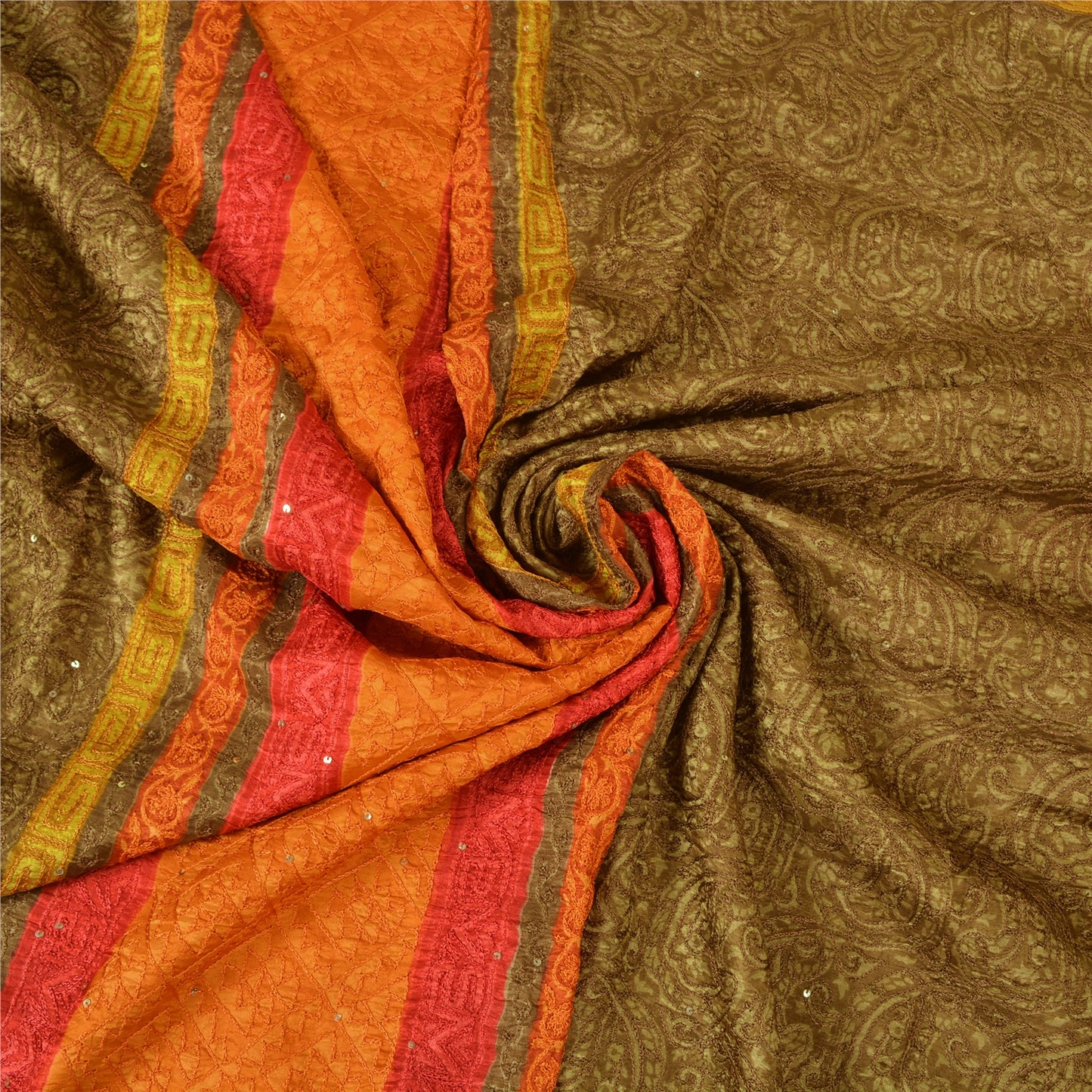 Сари Sanskriti Vintage Green/Orange из чистого шелка, расшитые вручную бисером, премиальная ткань для сари из экологически чистой ткани