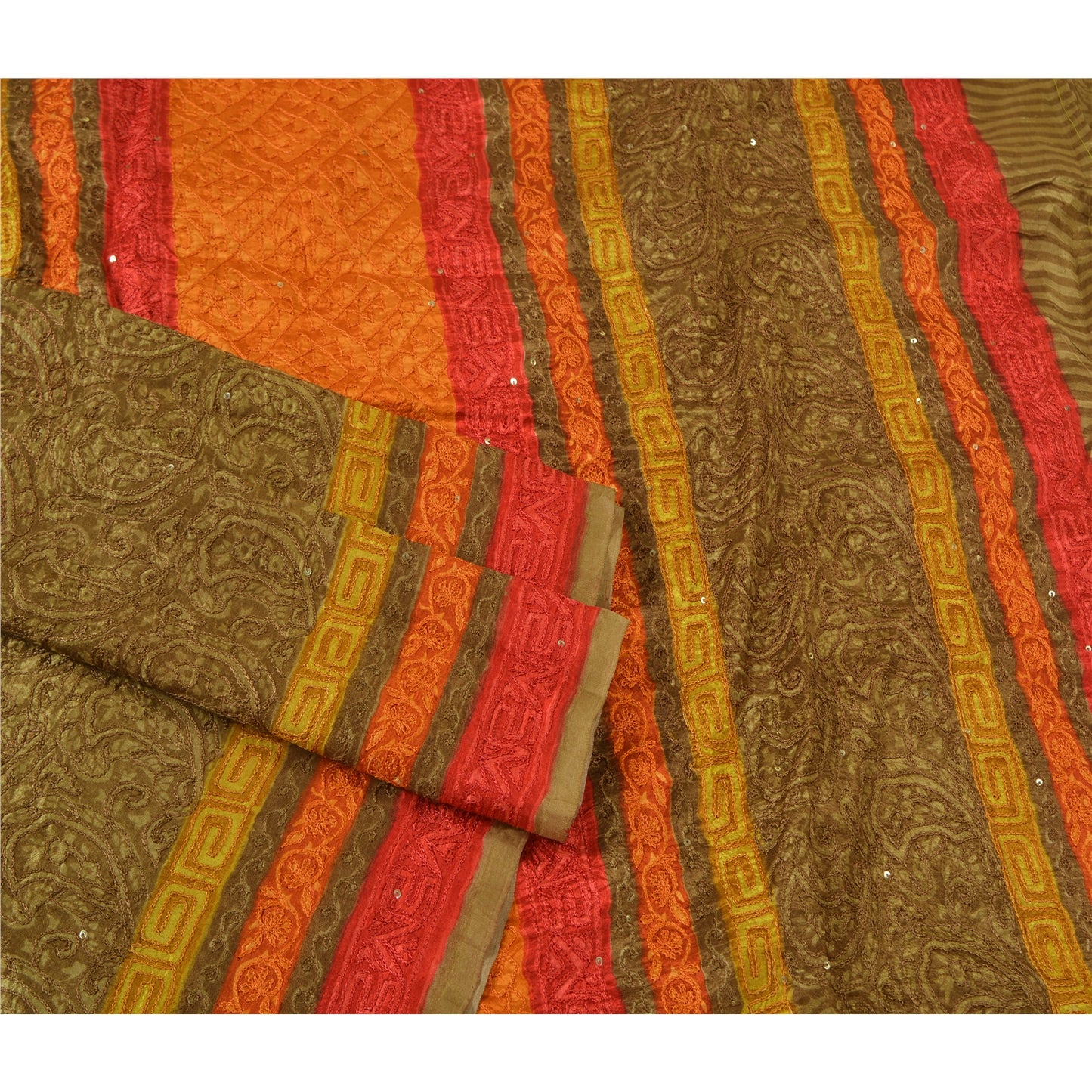 Сари Sanskriti Vintage Green/Orange из чистого шелка, расшитые вручную бисером, премиальная ткань для сари из экологически чистой ткани