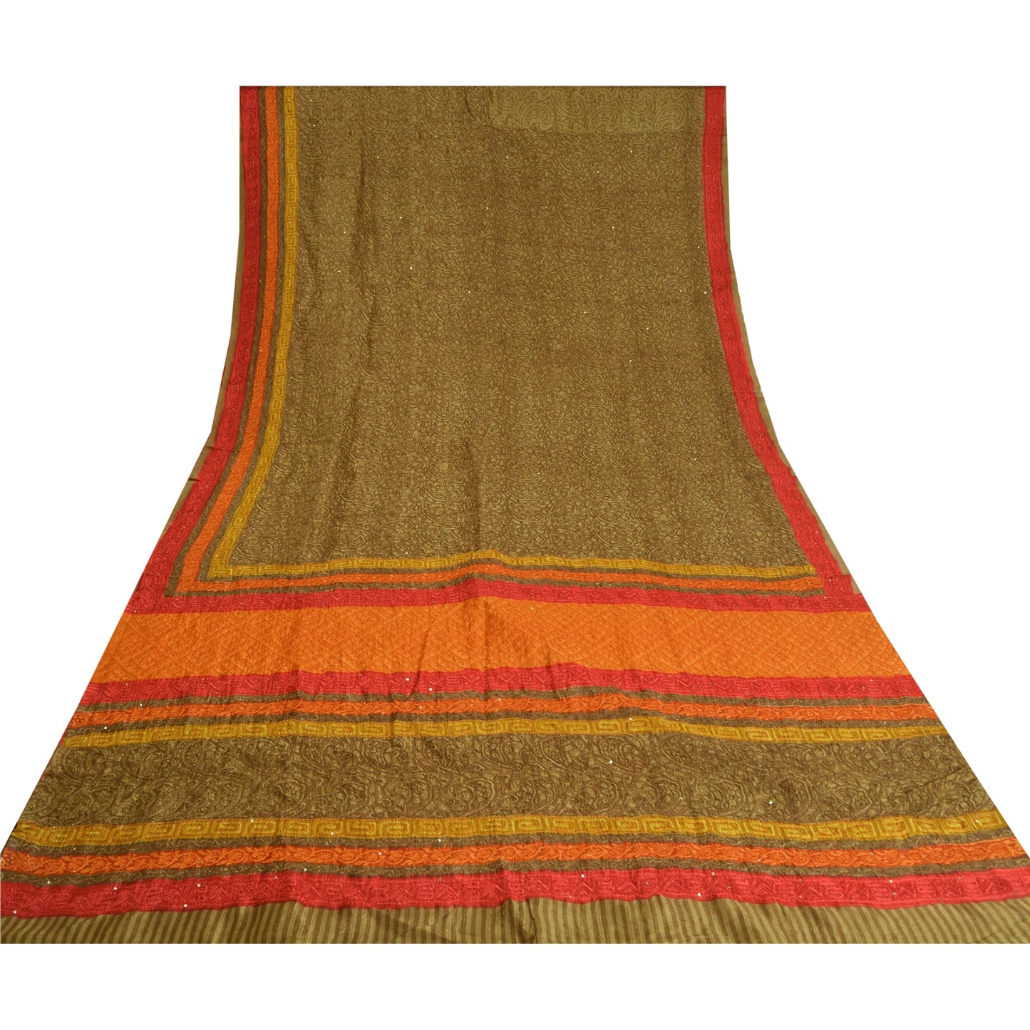 Сари Sanskriti Vintage Green/Orange из чистого шелка, расшитые вручную бисером, премиальная ткань для сари из экологически чистой ткани