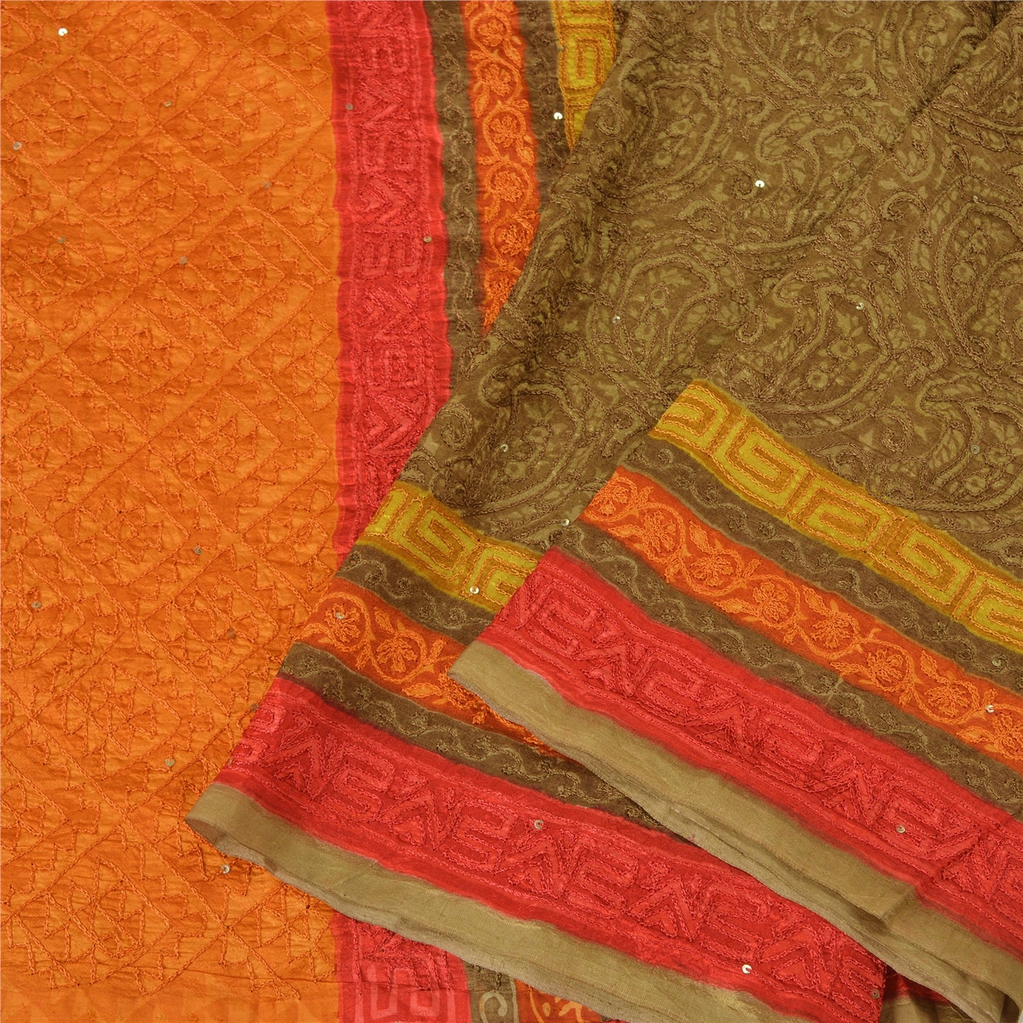 Сари Sanskriti Vintage Green/Orange из чистого шелка, расшитые вручную бисером, премиальная ткань для сари из экологически чистой ткани