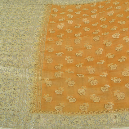 Sanskriti Vintage Safron/Ivory Sarees 100% Pure Silk Woven Premium Sari Sustainable Fabric