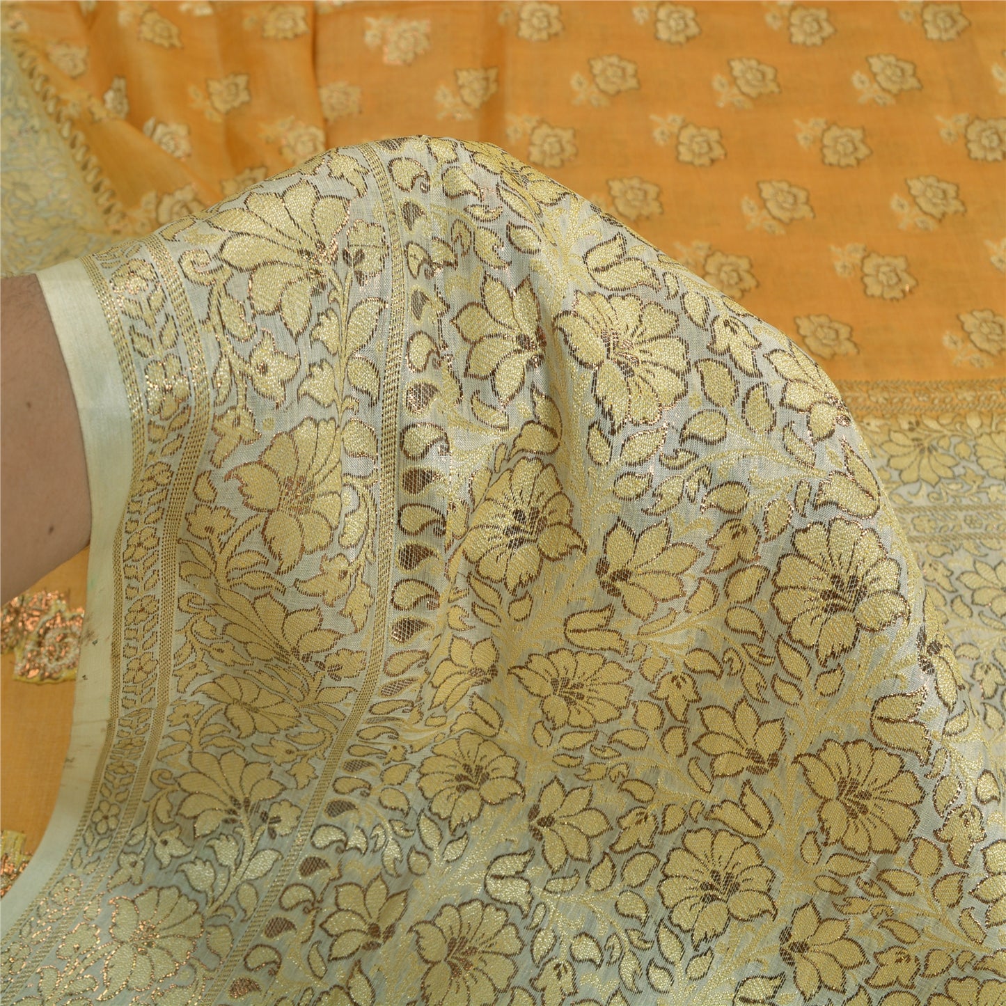 Sanskriti Vintage Safron/Ivory Sarees 100% Pure Silk Woven Premium Sari Sustainable Fabric