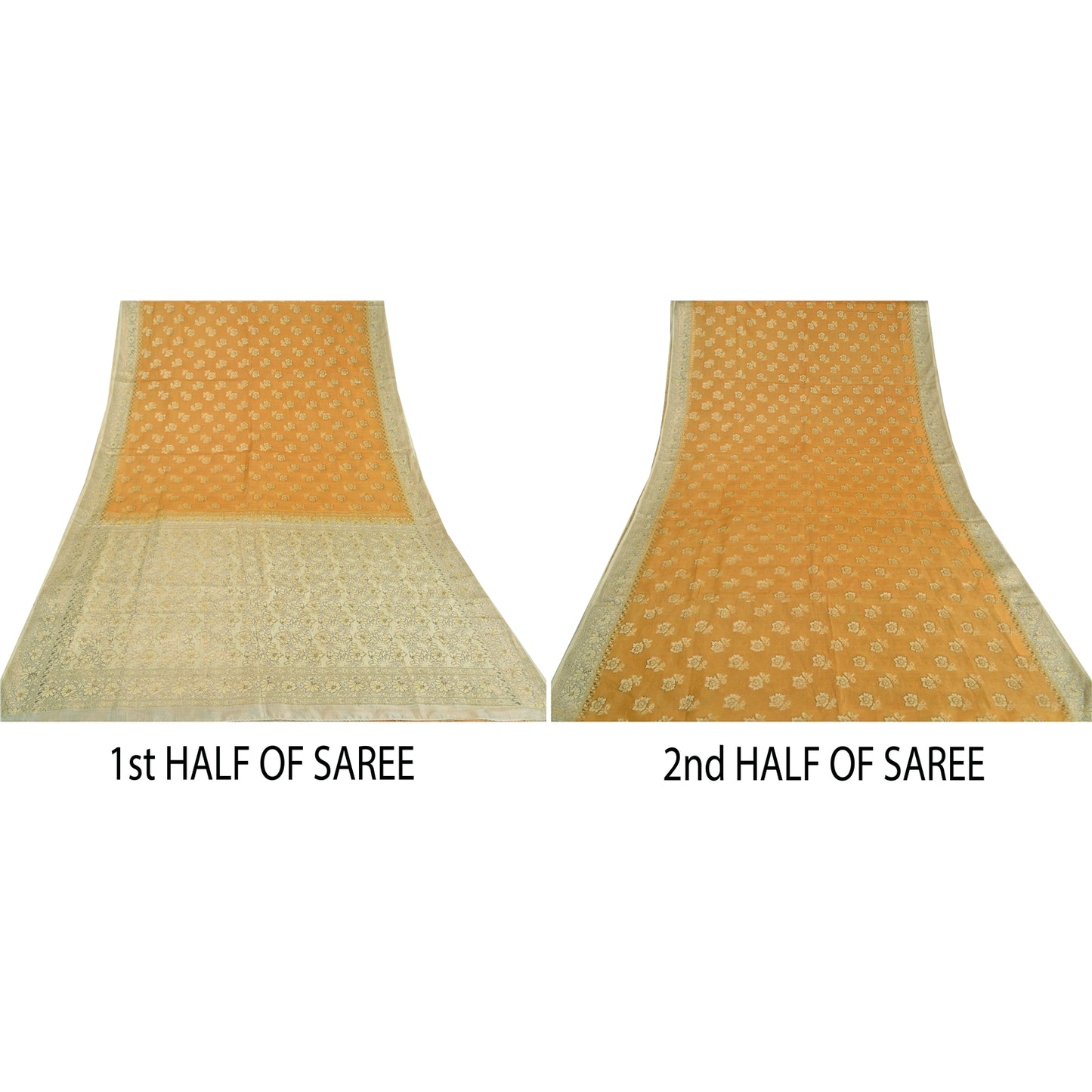 Sanskriti Vintage Safron/Ivory Sarees 100% Pure Silk Woven Premium Sari Sustainable Fabric