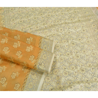 Sanskriti Vintage Safron/Ivory Sarees 100% Pure Silk Woven Premium Sari Sustainable Fabric