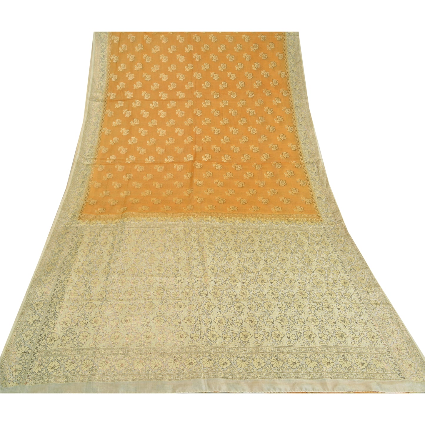 Sanskriti Vintage Safron/Ivory Sarees 100% Pure Silk Woven Premium Sari Sustainable Fabric