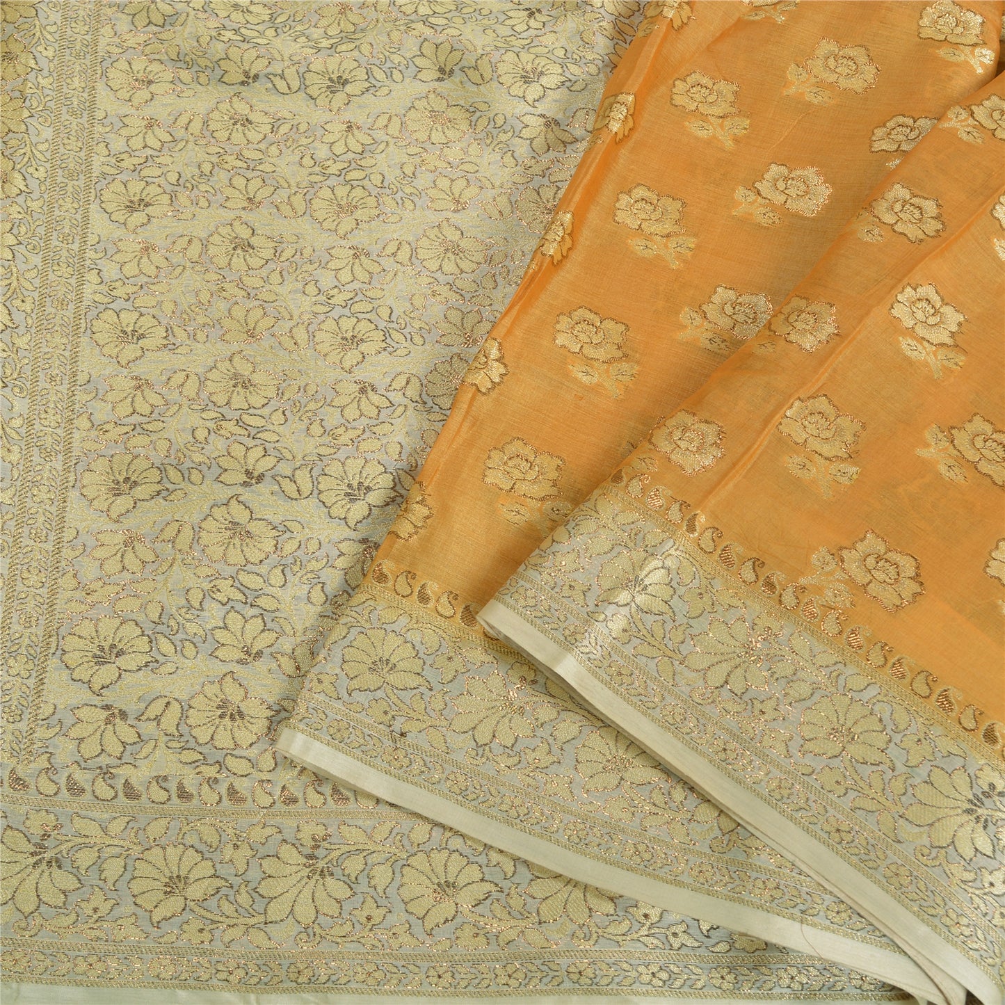 Sanskriti Vintage Safron/Ivory Sarees 100% Pure Silk Woven Premium Sari Sustainable Fabric