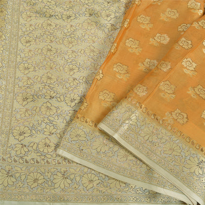 Sanskriti Vintage Safron/Ivory Sarees 100% Pure Silk Woven Premium Sari Sustainable Fabric