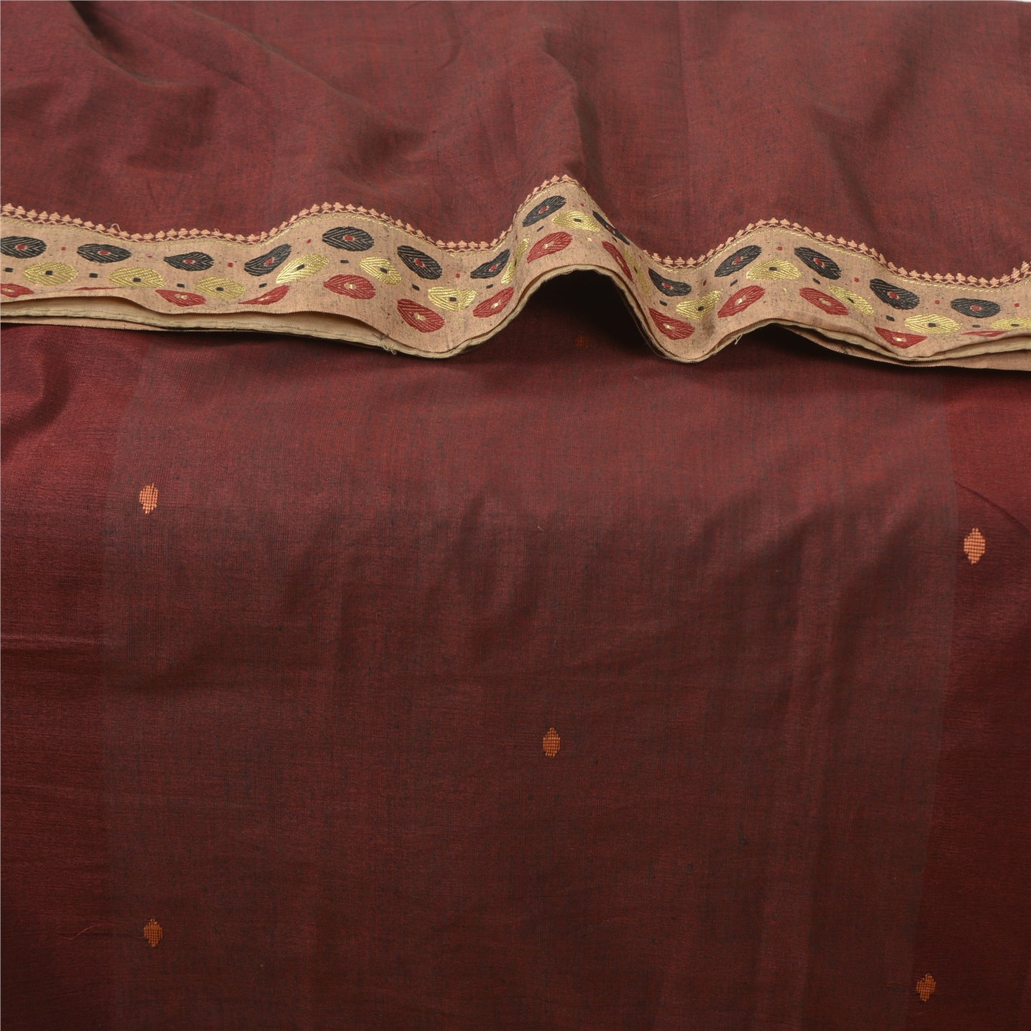 Sanskriti Vintage Dark Red Sarees Blend Cotton Hand-Woven Tant Sari 5 YD Sustainable Fabric