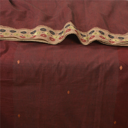 Sanskriti Vintage Dark Red Sarees Blend Cotton Hand-Woven Tant Sari 5 YD Sustainable Fabric