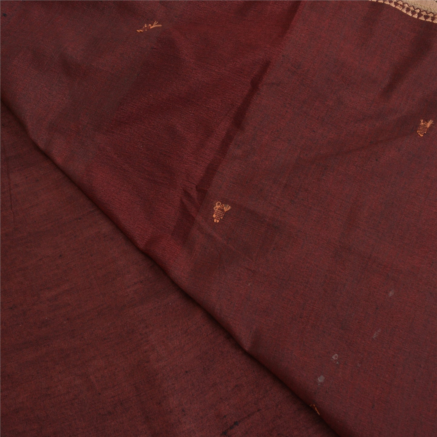 Sanskriti Vintage Dark Red Sarees Blend Cotton Hand-Woven Tant Sari 5 YD Sustainable Fabric