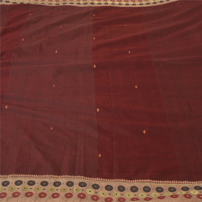 Sanskriti Vintage Dark Red Sarees Blend Cotton Hand-Woven Tant Sari 5 YD Sustainable Fabric