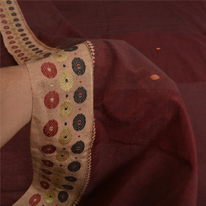 Sanskriti Vintage Dark Red Sarees Blend Cotton Hand-Woven Tant Sari 5 YD Sustainable Fabric