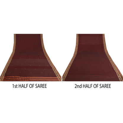 Sanskriti Vintage Dark Red Sarees Blend Cotton Hand-Woven Tant Sari 5 YD Sustainable Fabric