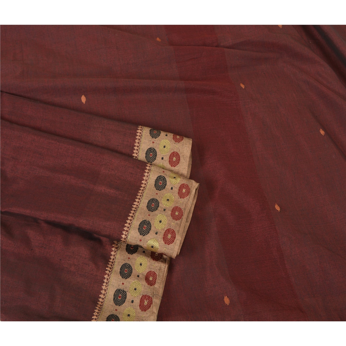 Sanskriti Vintage Dark Red Sarees Blend Cotton Hand-Woven Tant Sari 5 YD Sustainable Fabric