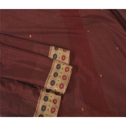 Sanskriti Vintage Dark Red Sarees Blend Cotton Hand-Woven Tant Sari 5 YD Sustainable Fabric