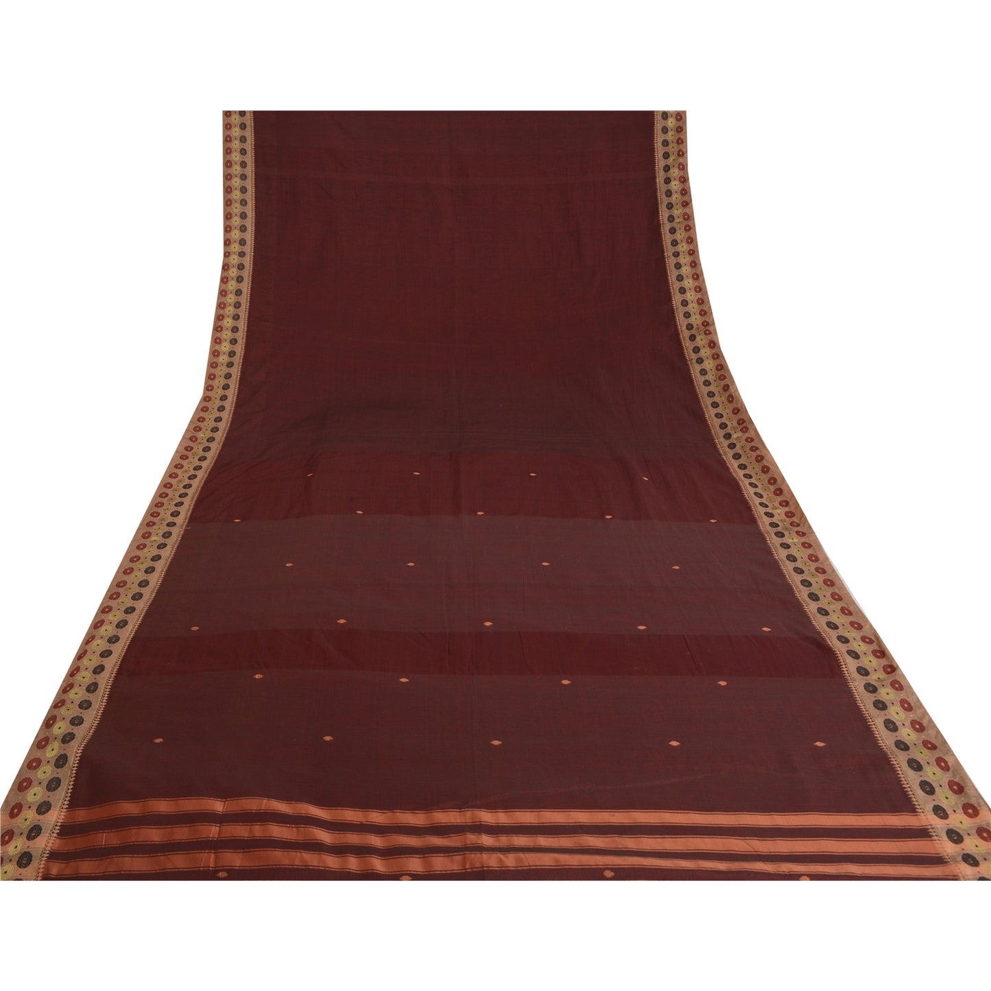 Sanskriti Vintage Dark Red Sarees Blend Cotton Hand-Woven Tant Sari 5 YD Sustainable Fabric