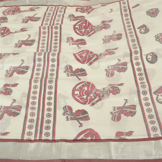 Sanskriti Vintage White Sarees Blend Cotton Hand-Block Print Buddha Sari Sustainable Fabric