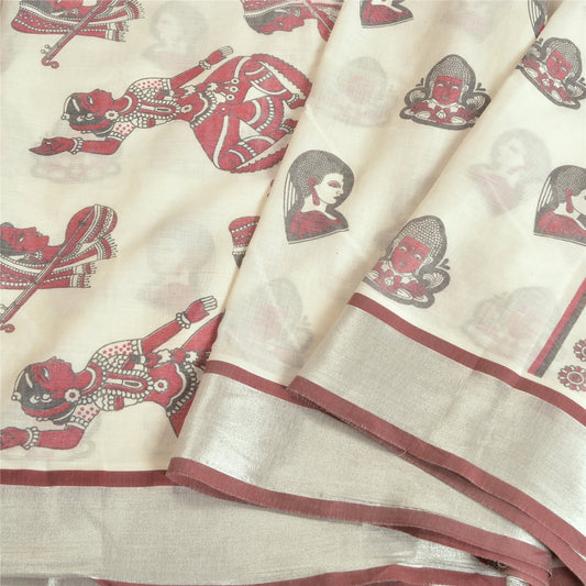 Sanskriti Vintage White Sarees Blend Cotton Hand-Block Print Buddha Sari Sustainable Fabric