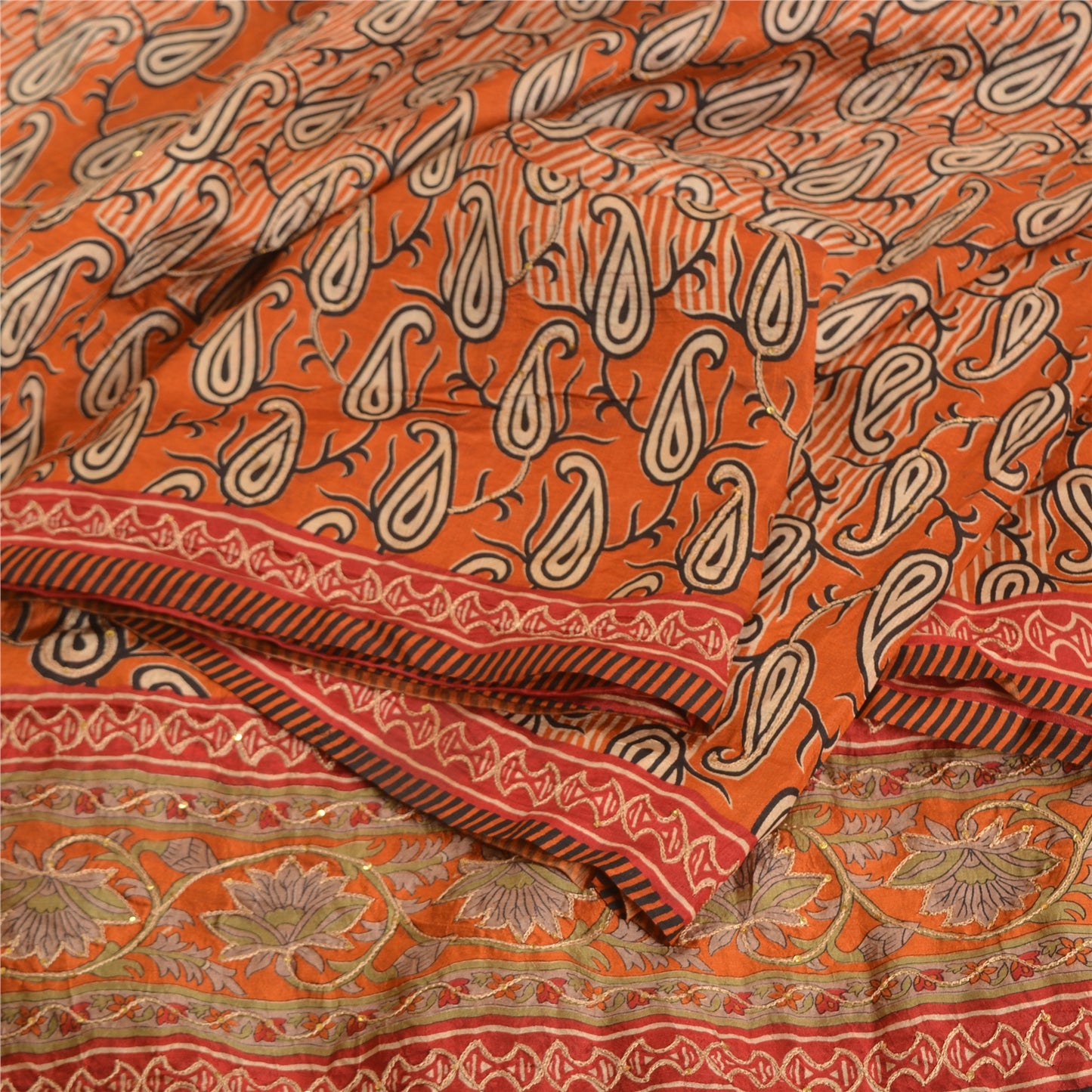 Sanskriti Vintage Orange Sarees 100% Pure Silk Hand Beaded Sari Craft Sustainable Fabric
