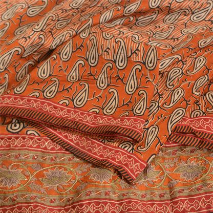 Sanskriti Vintage Orange Sarees 100% Pure Silk Hand Beaded Sari Craft Sustainable Fabric