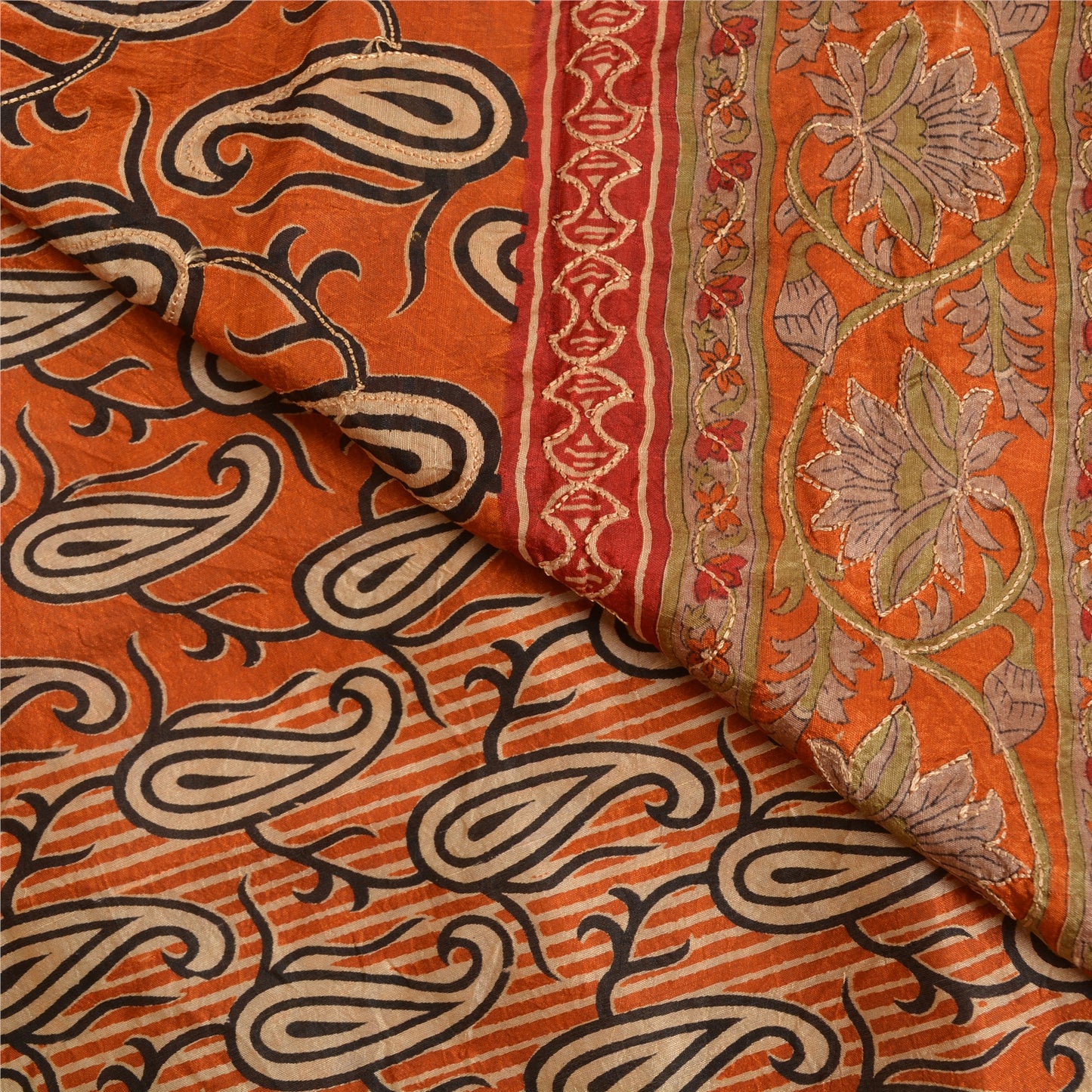 Sanskriti Vintage Orange Sarees 100% Pure Silk Hand Beaded Sari Craft Sustainable Fabric