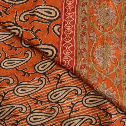 Sanskriti Vintage Orange Sarees 100% Pure Silk Hand Beaded Sari Craft Sustainable Fabric