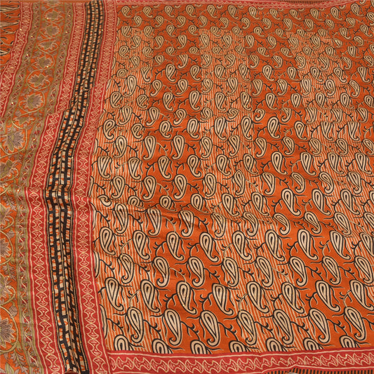 Sanskriti Vintage Orange Sarees 100% Pure Silk Hand Beaded Sari Craft Sustainable Fabric