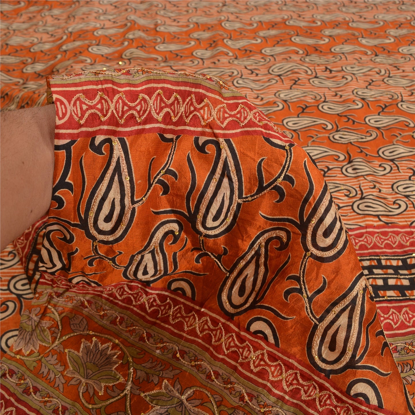 Sanskriti Vintage Orange Sarees 100% Pure Silk Hand Beaded Sari Craft Sustainable Fabric