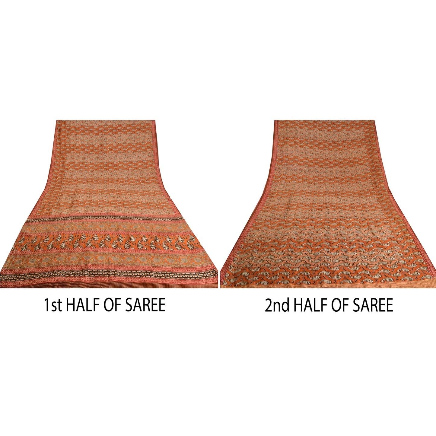 Sanskriti Vintage Orange Sarees 100% Pure Silk Hand Beaded Sari Craft Sustainable Fabric