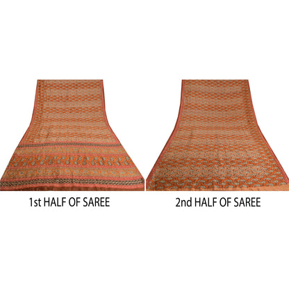 Sanskriti Vintage Orange Sarees 100% Pure Silk Hand Beaded Sari Craft Sustainable Fabric