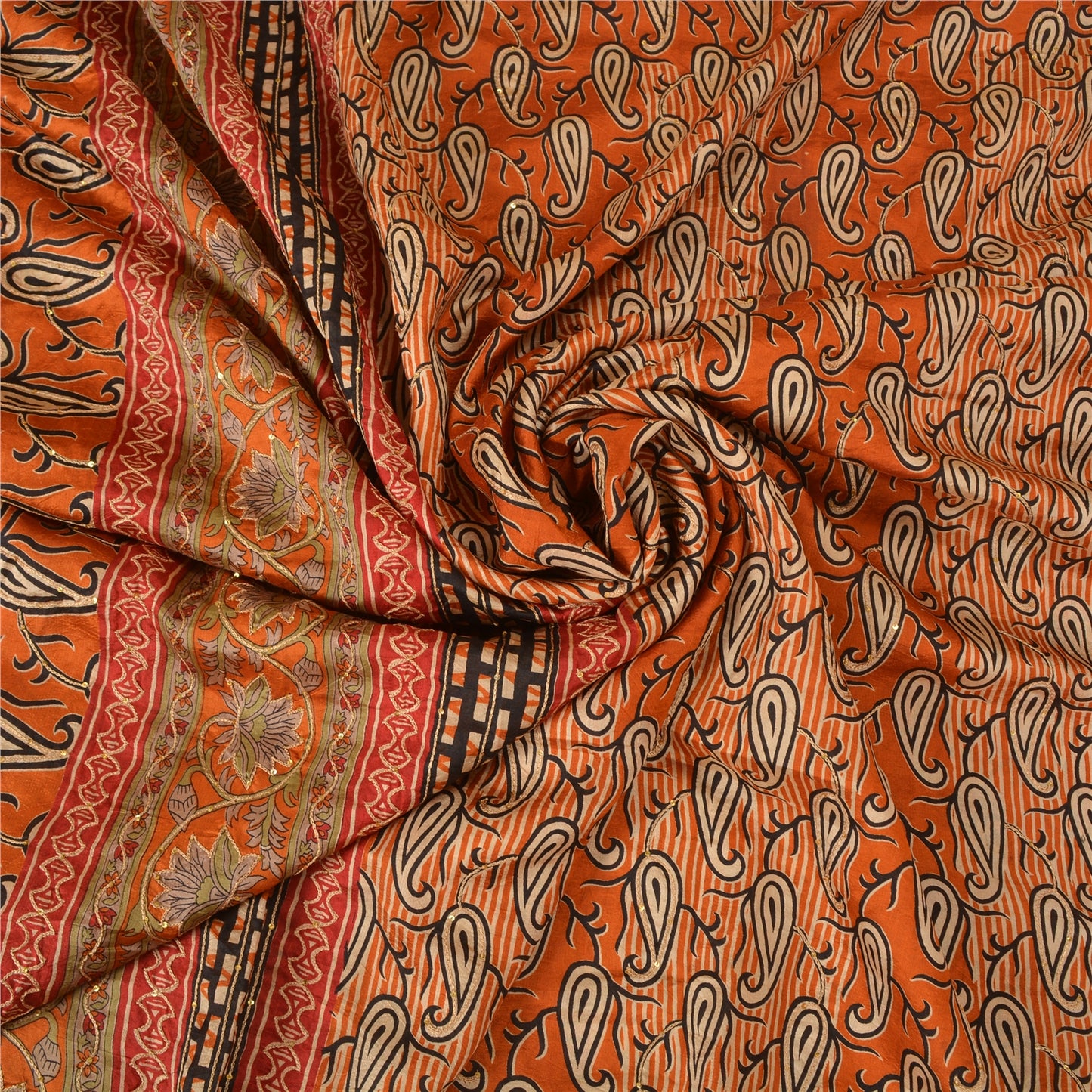 Sanskriti Vintage Orange Sarees 100% Pure Silk Hand Beaded Sari Craft Sustainable Fabric