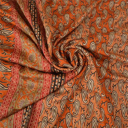 Sanskriti Vintage Orange Sarees 100% Pure Silk Hand Beaded Sari Craft Sustainable Fabric