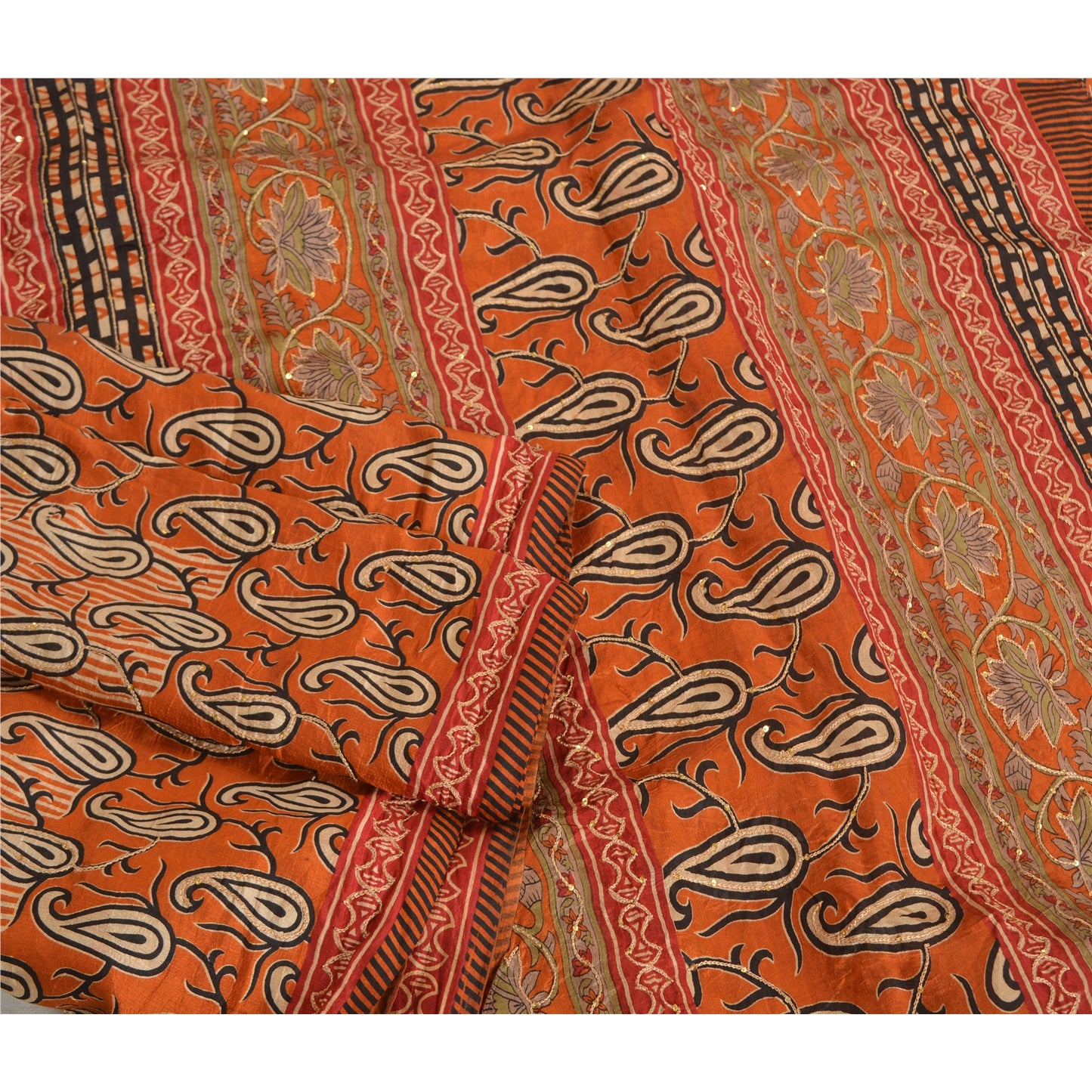 Sanskriti Vintage Orange Sarees 100% Pure Silk Hand Beaded Sari Craft Sustainable Fabric