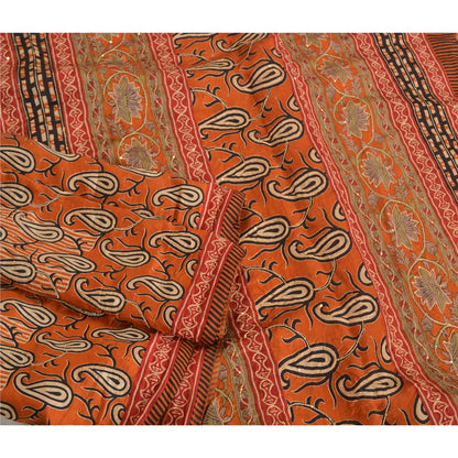 Sanskriti Vintage Orange Sarees 100% Pure Silk Hand Beaded Sari Craft Sustainable Fabric