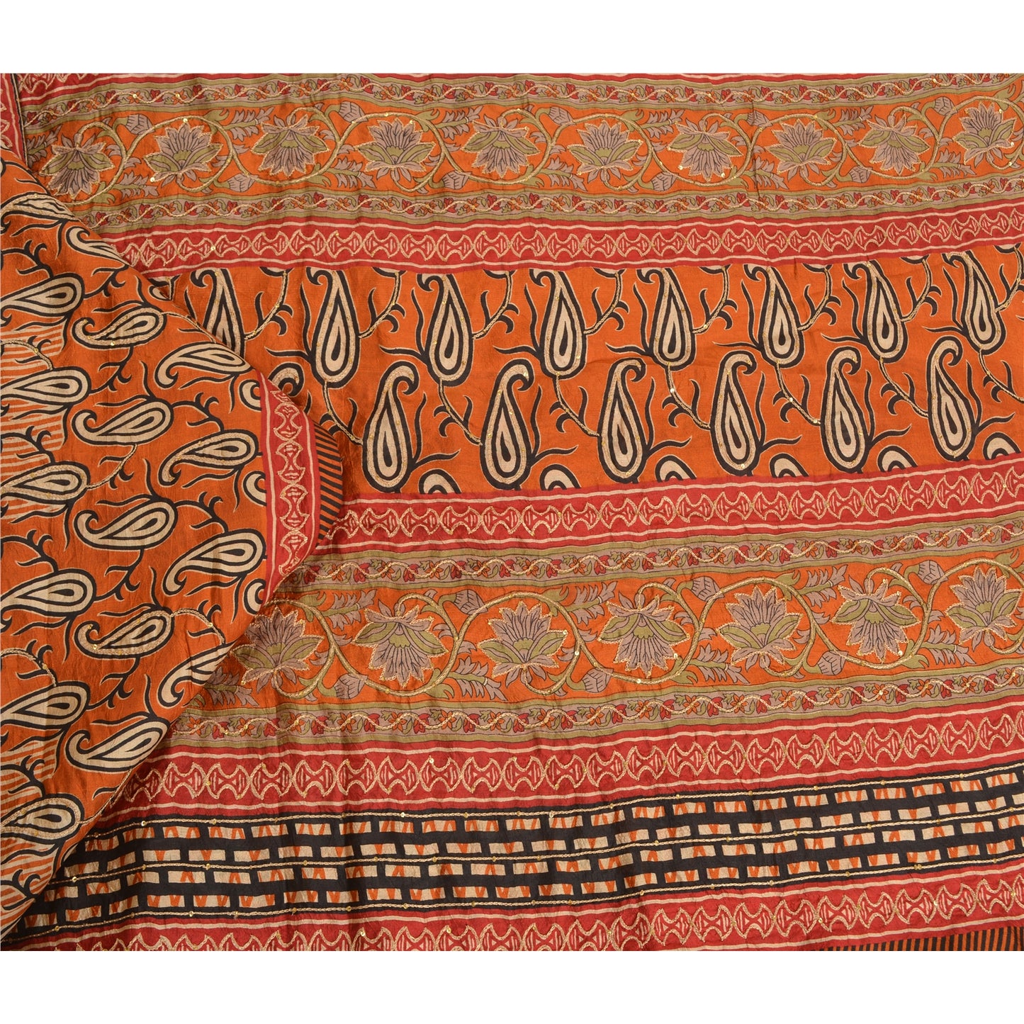 Sanskriti Vintage Orange Sarees 100% Pure Silk Hand Beaded Sari Craft Sustainable Fabric