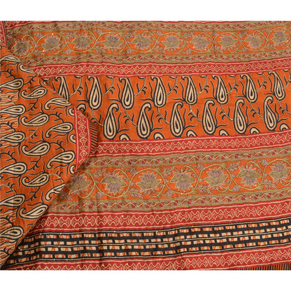 Sanskriti Vintage Orange Sarees 100% Pure Silk Hand Beaded Sari Craft Sustainable Fabric