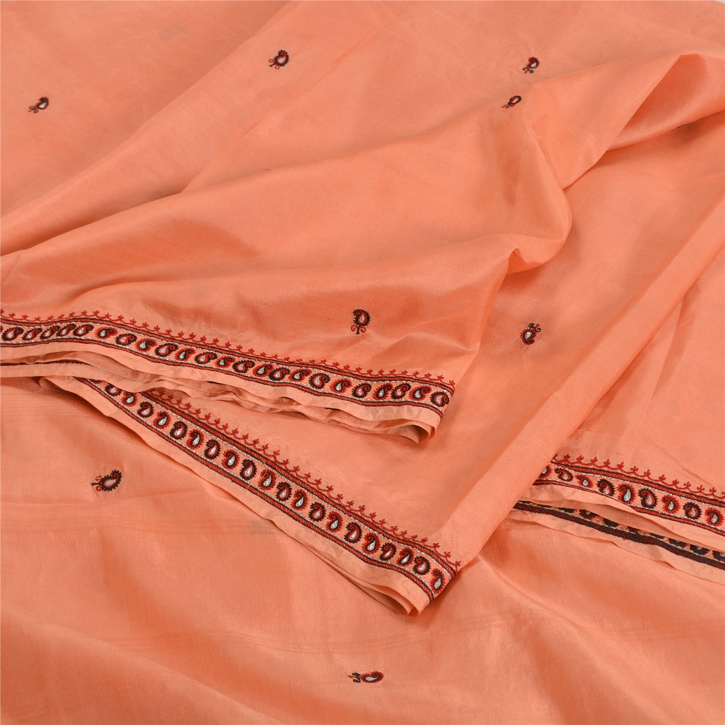 Sanskriti Vintage Peach Indian Sarees Pure Silk Embroidered Sari Craft Sustainable Fabric