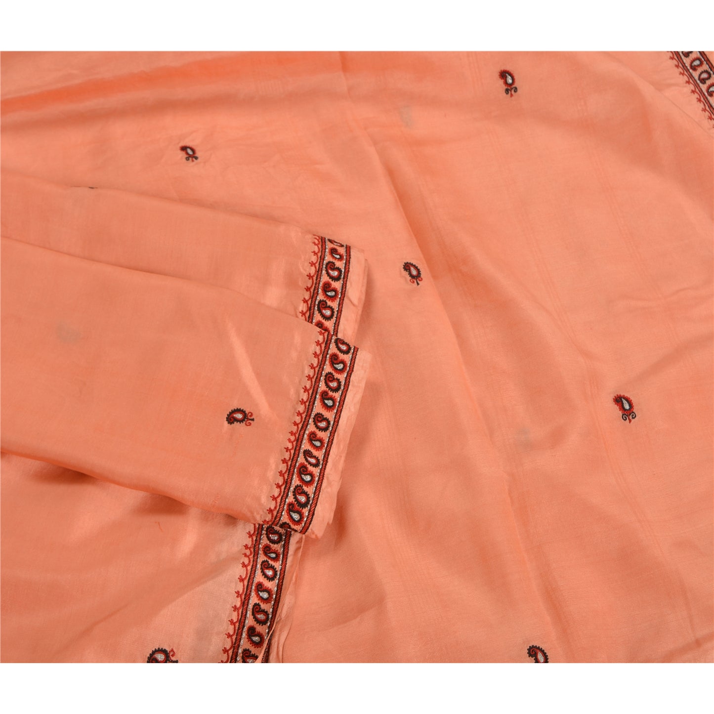 Sanskriti Vintage Peach Indian Sarees Pure Silk Embroidered Sari Craft Sustainable Fabric
