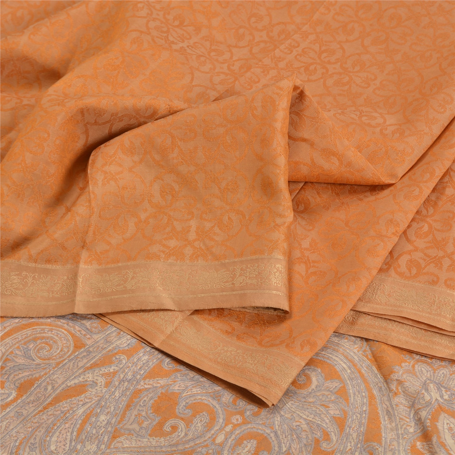 Sanskriti Vintage Orange Sarees 100% Pure Silk Woven Printed Craft Sari Sustainable Fabric