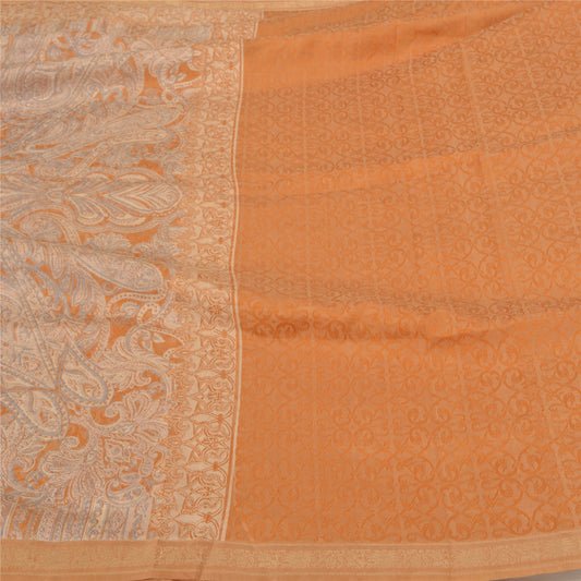 Sanskriti Vintage Orange Sarees 100% Pure Silk Woven Printed Craft Sari Sustainable Fabric