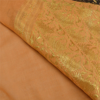 Sanskriti Vintage Peach Indian 100% Pure Cotton Woven Premium Sari 5 Yard Sustainable Fabric