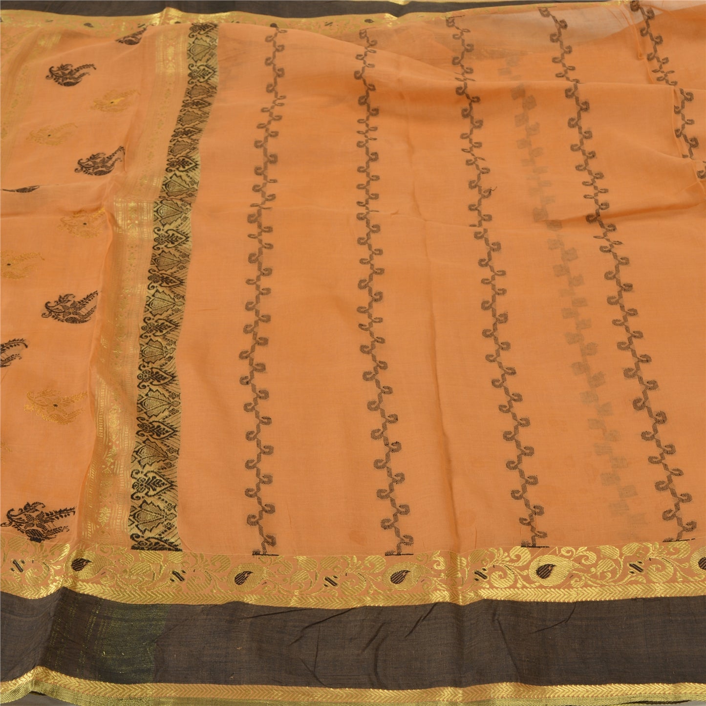Sanskriti Vintage Peach Indian 100% Pure Cotton Woven Premium Sari 5 Yard Sustainable Fabric