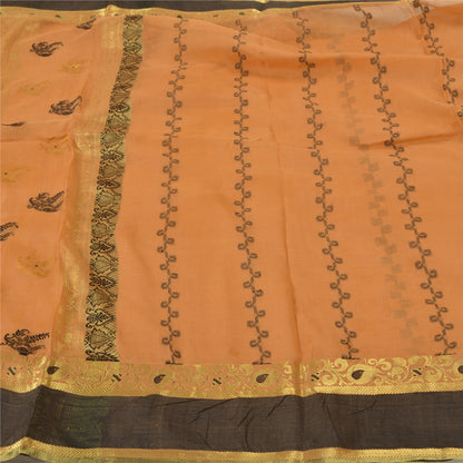 Sanskriti Vintage Peach Indian 100% Pure Cotton Woven Premium Sari 5 Yard Sustainable Fabric