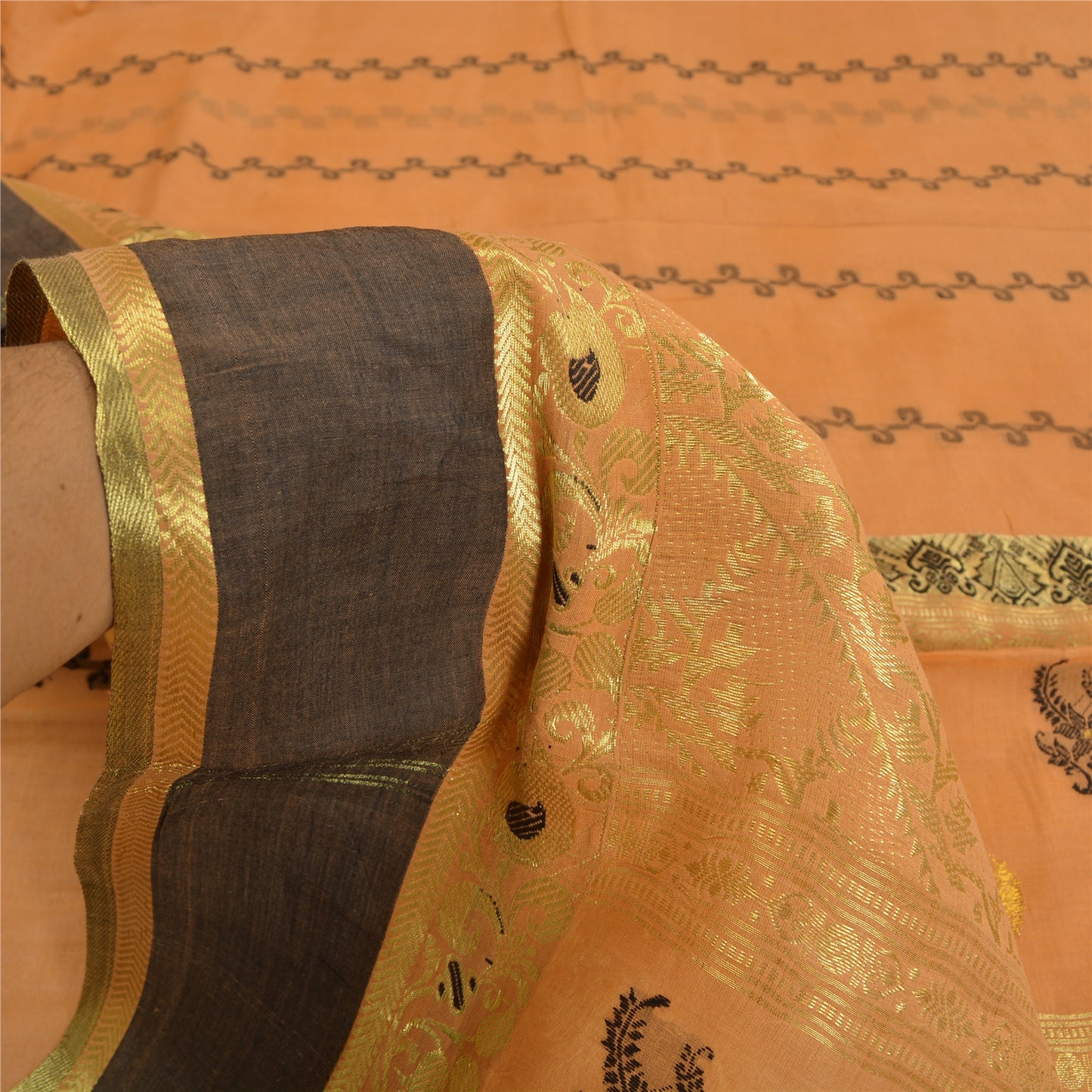 Sanskriti Vintage Peach Indian 100% Pure Cotton Woven Premium Sari 5 Yard Sustainable Fabric