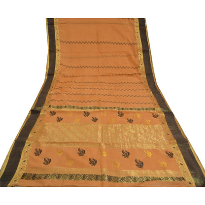 Sanskriti Vintage Peach Indian 100% Pure Cotton Woven Premium Sari 5 Yard Sustainable Fabric
