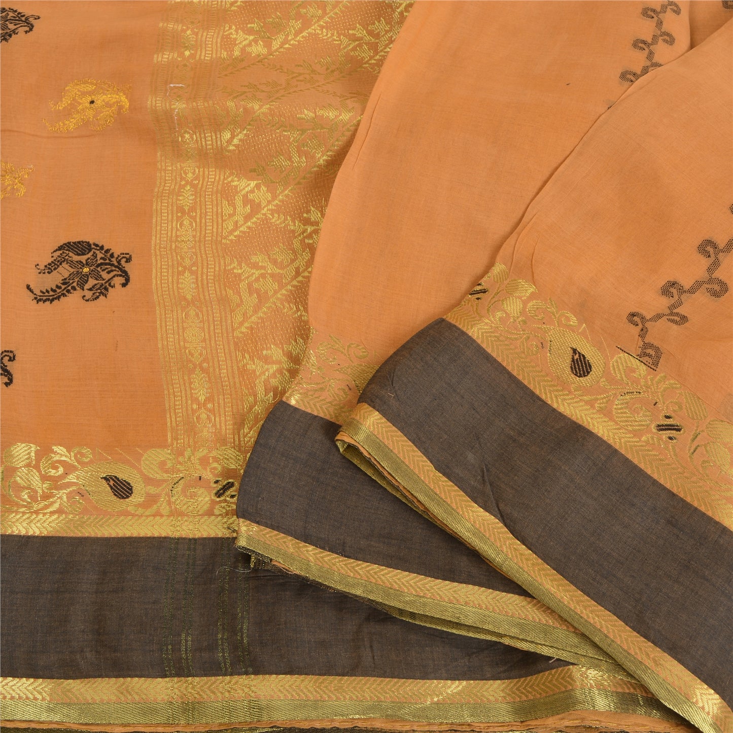 Sanskriti Vintage Peach Indian 100% Pure Cotton Woven Premium Sari 5 Yard Sustainable Fabric