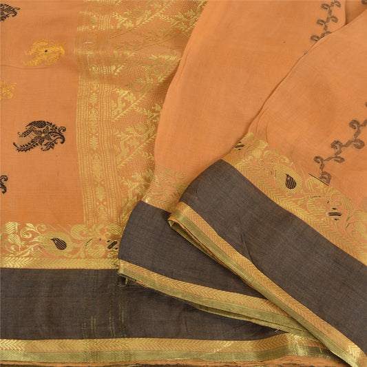 Sanskriti Vintage Peach Indian 100% Pure Cotton Woven Premium Sari 5 Yard Sustainable Fabric