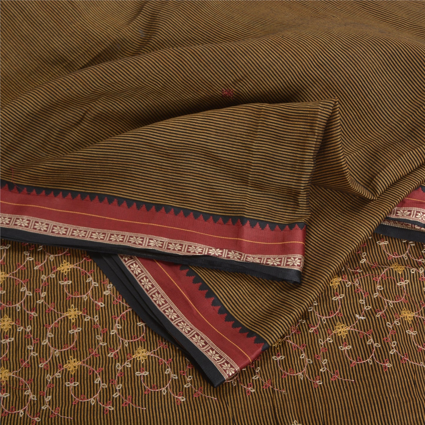 Sanskriti Vintage Black/Brown Sarees Blend Cotton Embroidered Woven Sari Sustainable Fabric