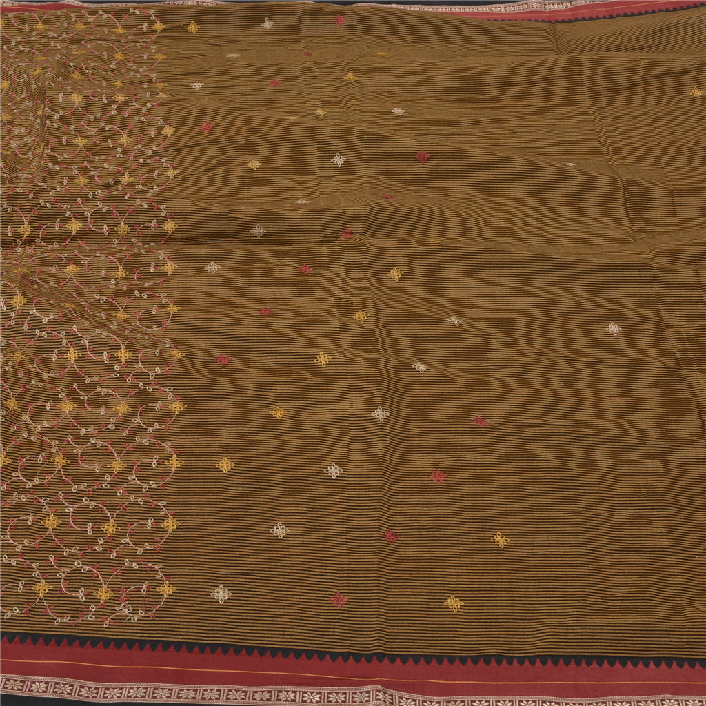Sanskriti Vintage Black/Brown Sarees Blend Cotton Embroidered Woven Sari Sustainable Fabric