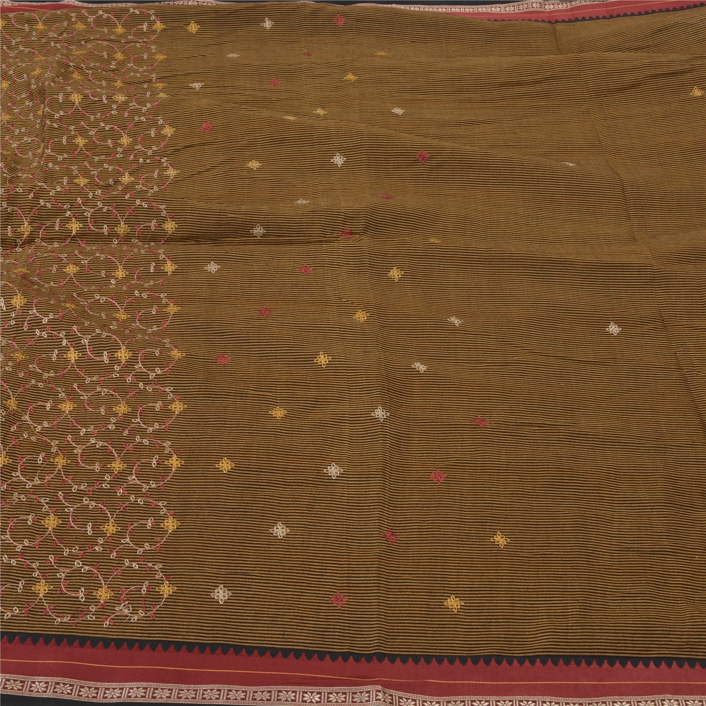 Sanskriti Vintage Black/Brown Sarees Blend Cotton Embroidered Woven Sari Sustainable Fabric